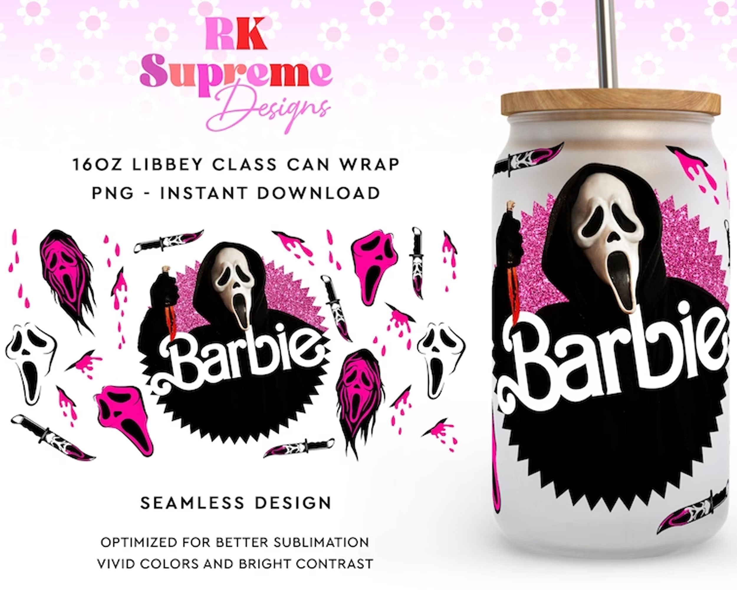 Ghostface Barbie Horror Movie Glass Wrap png, 16oz Libbey Glass Can Wrap PNG, Instant Download