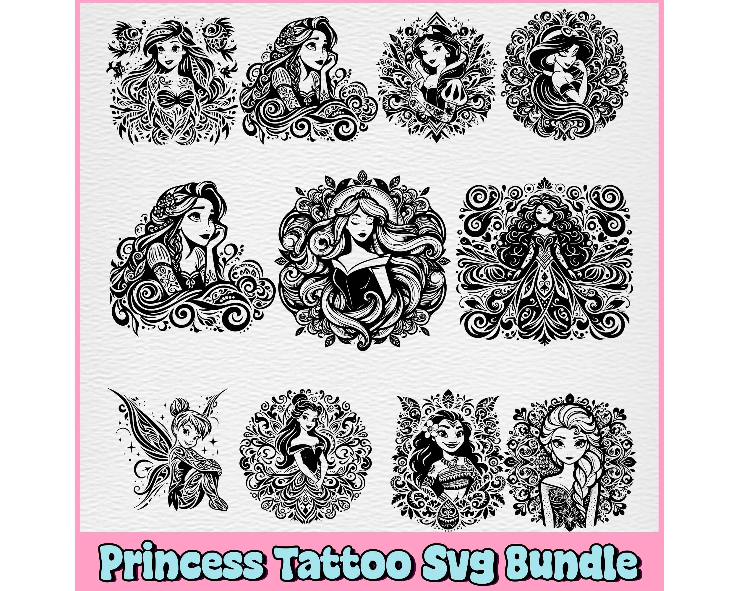 Princess Tattoo Svg Png Bundle, Enchanted Rose Svg