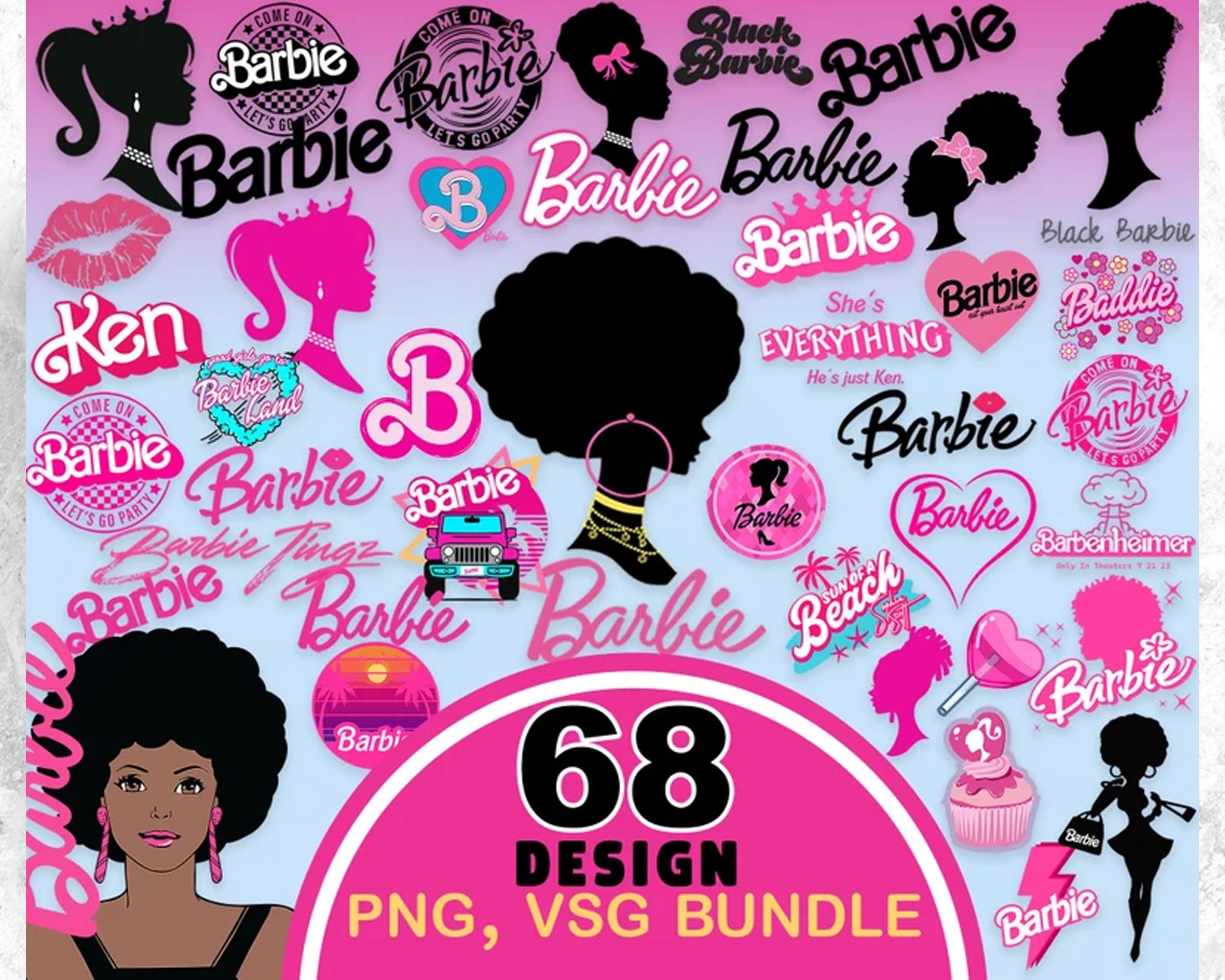 African American, Black Barbie SVG PNG Icons Bundle Layered Clipart files Cute Barbie Come on Barbie Let's Go Party Birthday Crew Solid